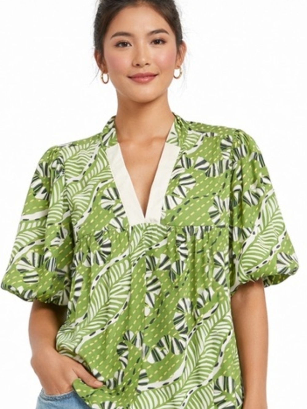 THML Green Leaf-Print V-Neck Puff-Sleeve Top with Cream Trim